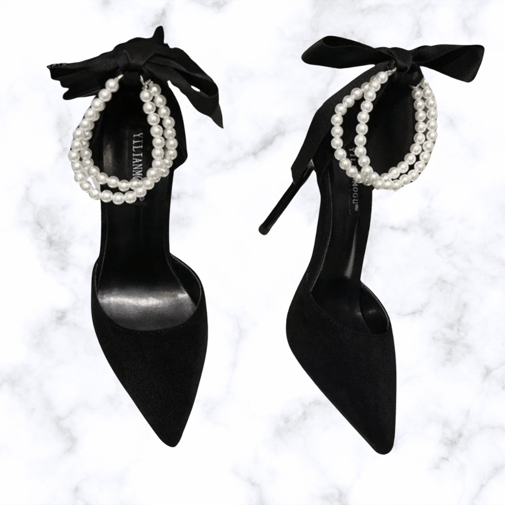 Handmade Korean Style Bridal Black Pumps with String Bead Pearls – Elegant Pointed Toe High Heels