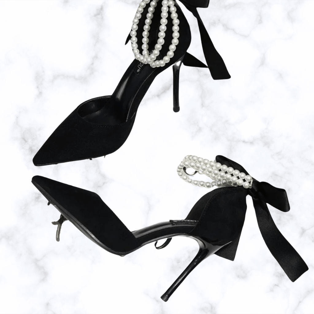 Handmade Korean Style Bridal Black Pumps with String Bead Pearls – Elegant Pointed Toe High Heels