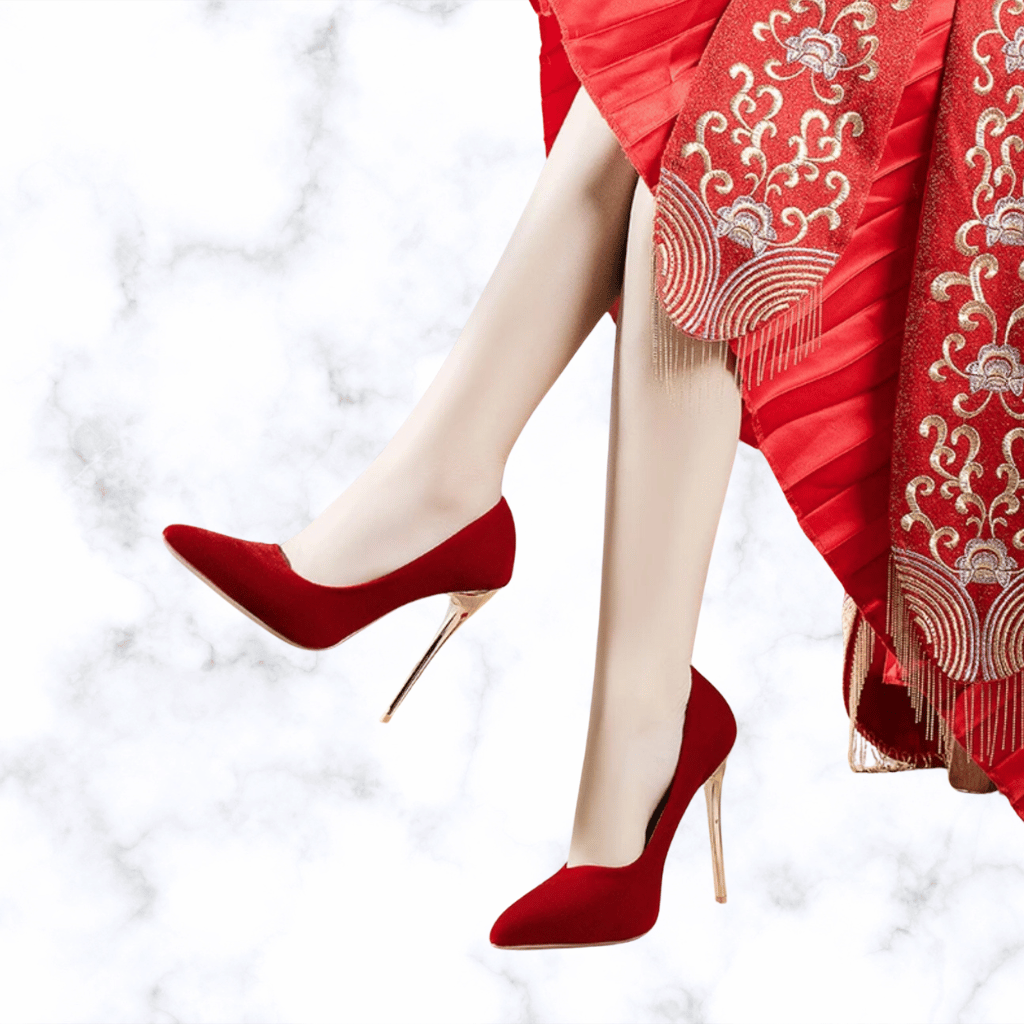 Handmade Retro Red Pointed Toe Wedding Shoes for Women, Slip-On Bridal High Heel Pumps