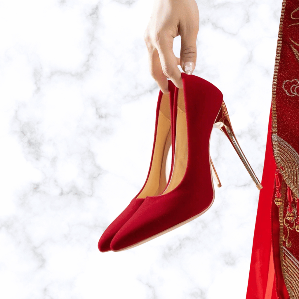 Handmade Retro Red Pointed Toe Wedding Shoes for Women, Slip-On Bridal High Heel Pumps