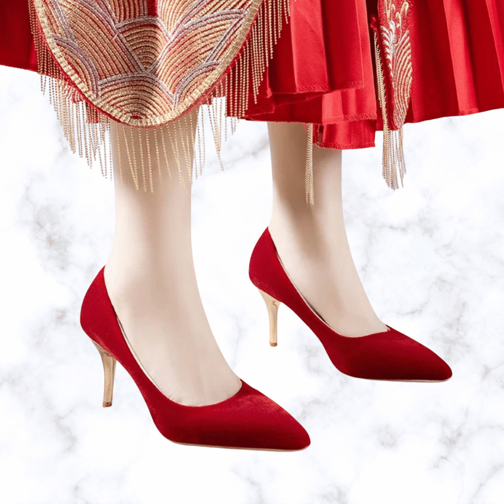 Handmade Retro Red Pointed Toe Wedding Shoes for Women, Slip-On Bridal High Heel Pumps