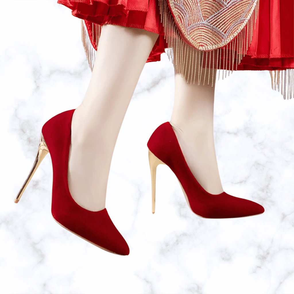 Handmade Retro Red Pointed Toe Wedding Shoes for Women, Slip-On Bridal High Heel Pumps