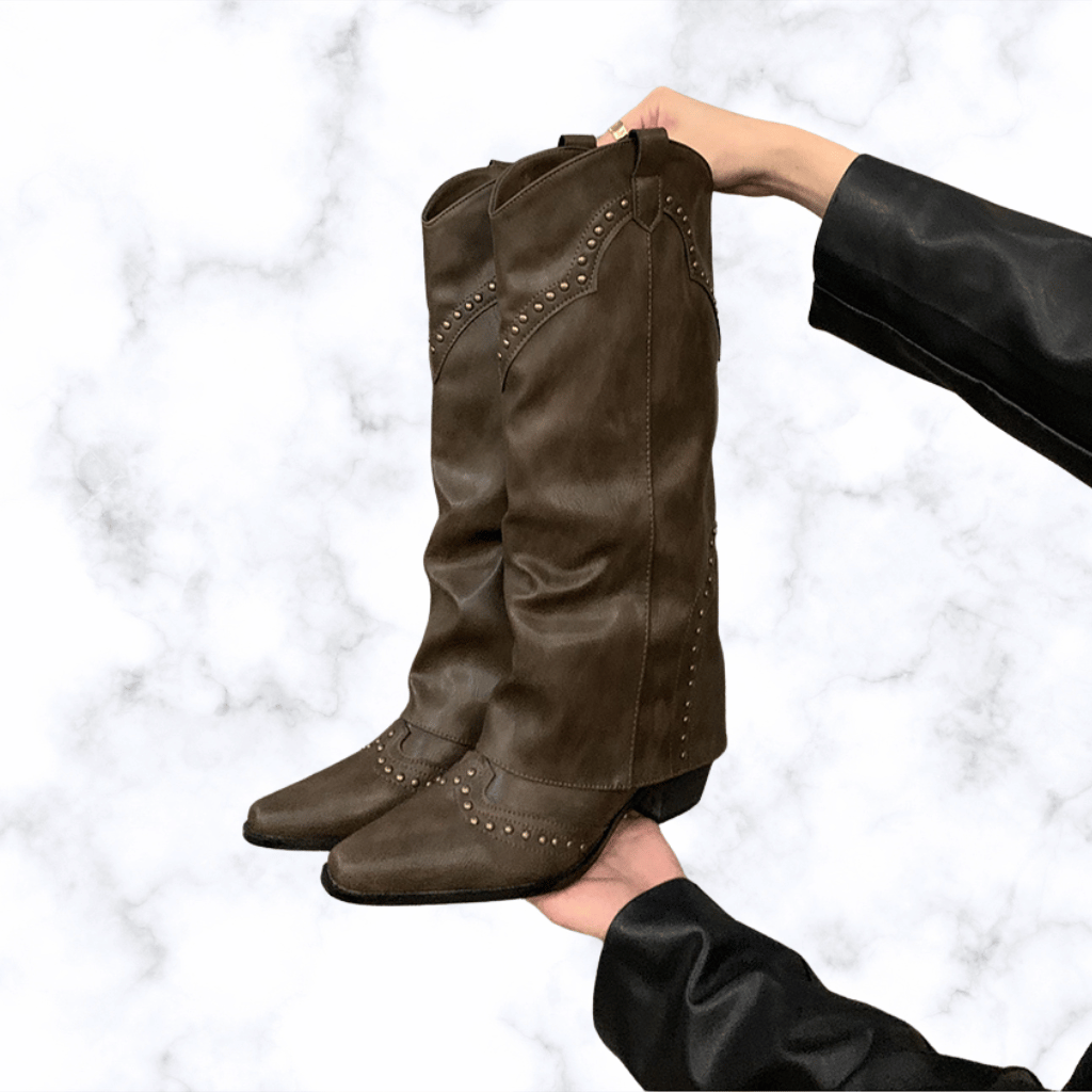 Handmade Retro Rivet Knee-High Western Boots for Women, Pointed Toe Square Heel Winter Knight Booties