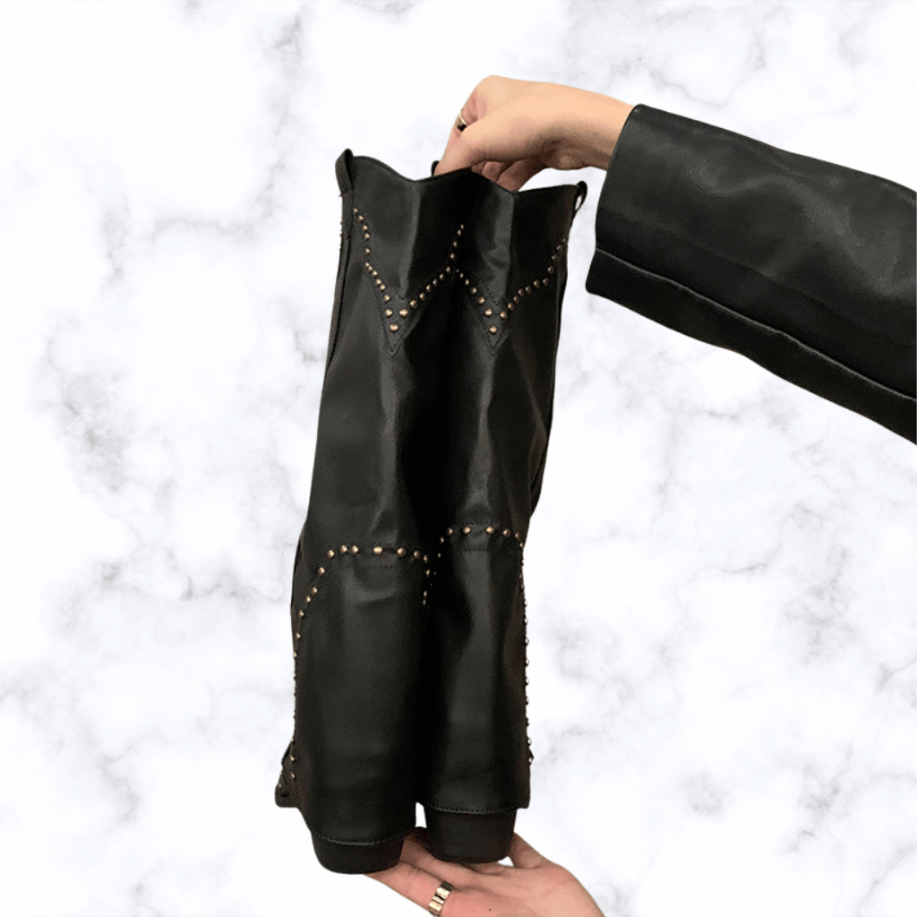 Handmade Retro Rivet Knee-High Western Boots for Women, Pointed Toe Square Heel Winter Knight Booties