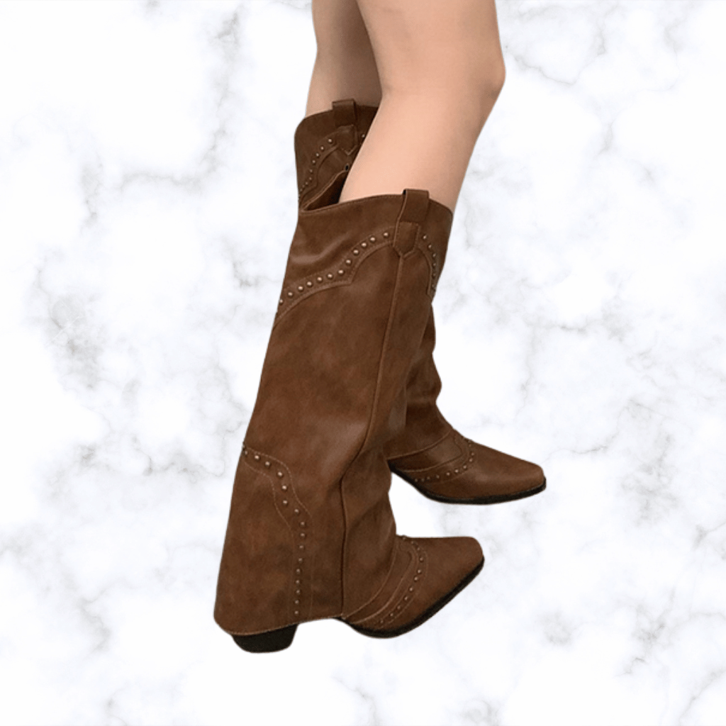 Handmade Retro Rivet Knee-High Western Boots for Women, Pointed Toe Square Heel Winter Knight Booties