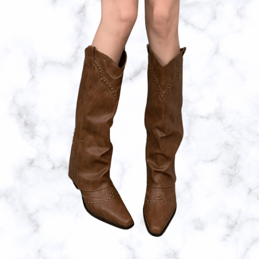 Handmade Retro Rivet Knee-High Western Boots for Women, Pointed Toe Square Heel Winter Knight Booties