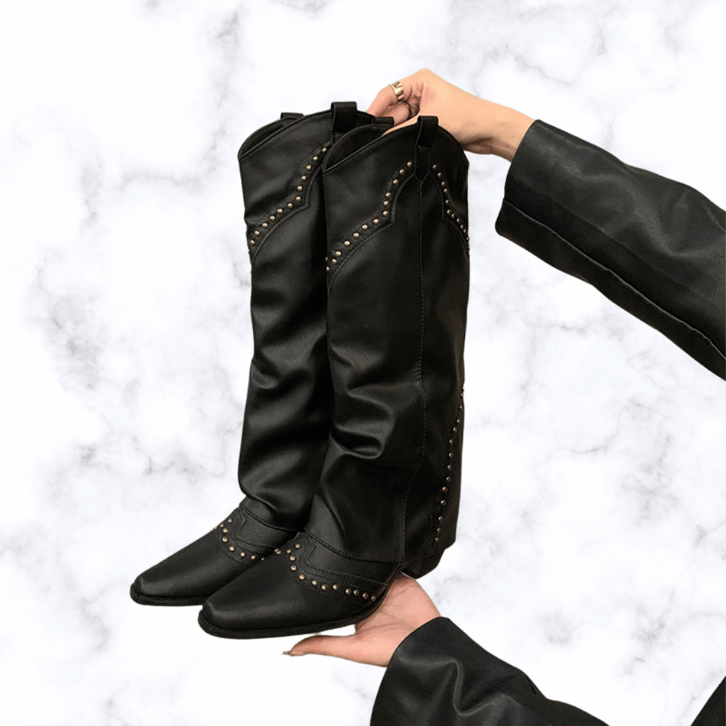 Handmade Retro Rivet Knee-High Western Boots for Women, Pointed Toe Square Heel Winter Knight Booties