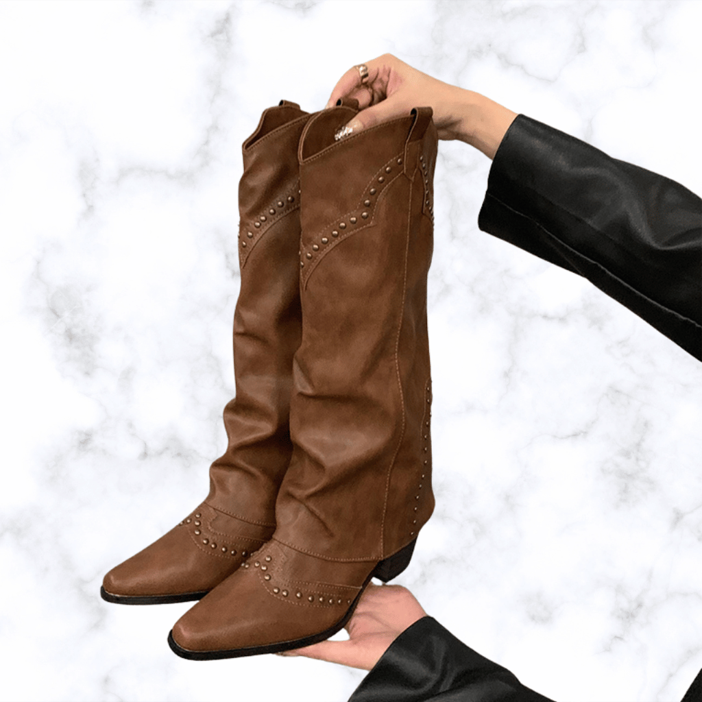 Handmade Retro Rivet Knee-High Western Boots for Women, Pointed Toe Square Heel Winter Knight Booties