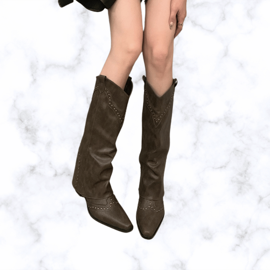 Handmade Retro Rivet Knee-High Western Boots for Women, Pointed Toe Square Heel Winter Knight Booties