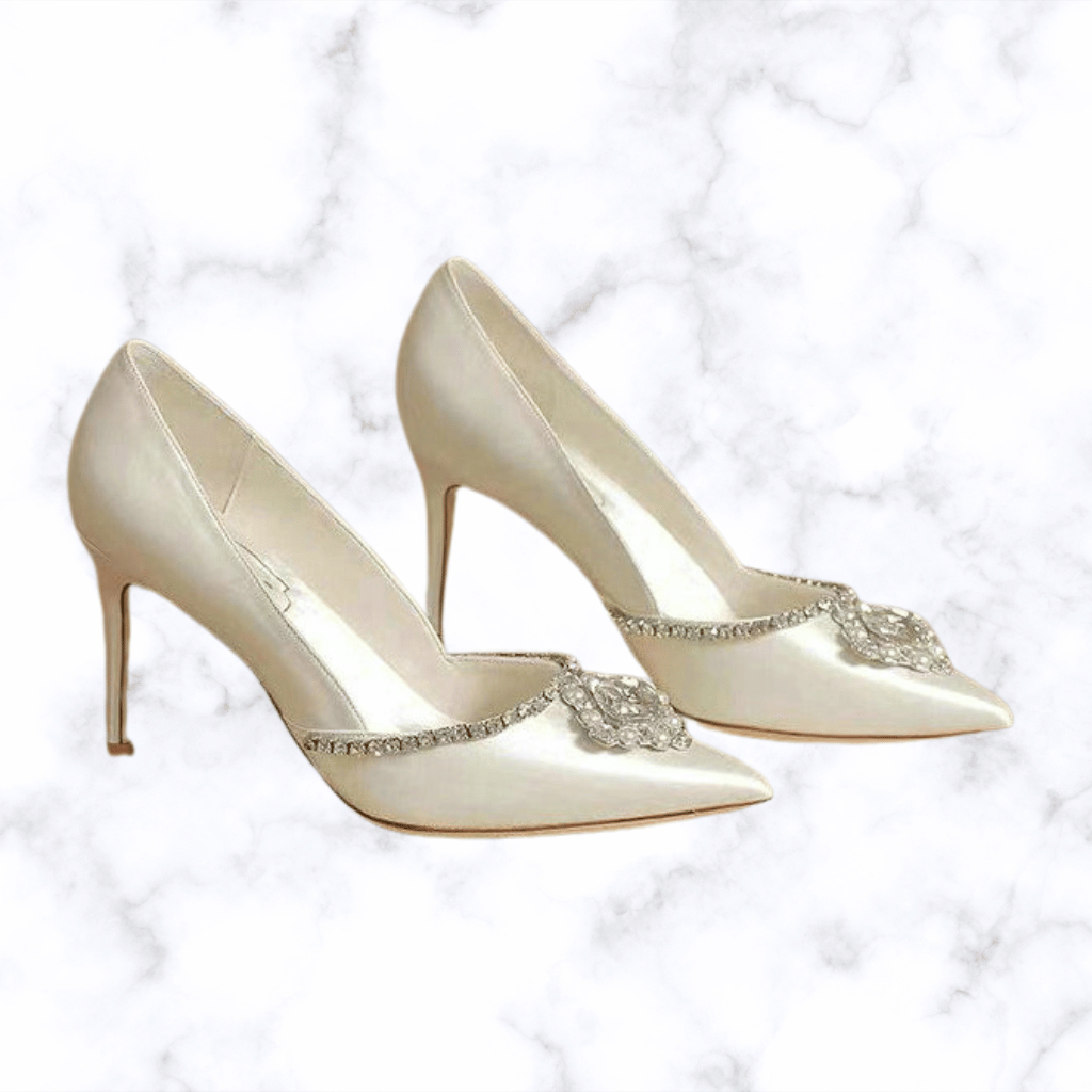 Handmade Sheepskin Bridal Heels – Elegant Pointed-Toe Crystal Wedding Shoes with White Rhinestone