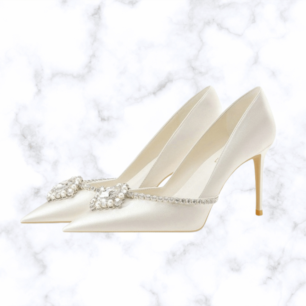 Handmade Sheepskin Bridal Heels – Elegant Pointed-Toe Crystal Wedding Shoes with White Rhinestone