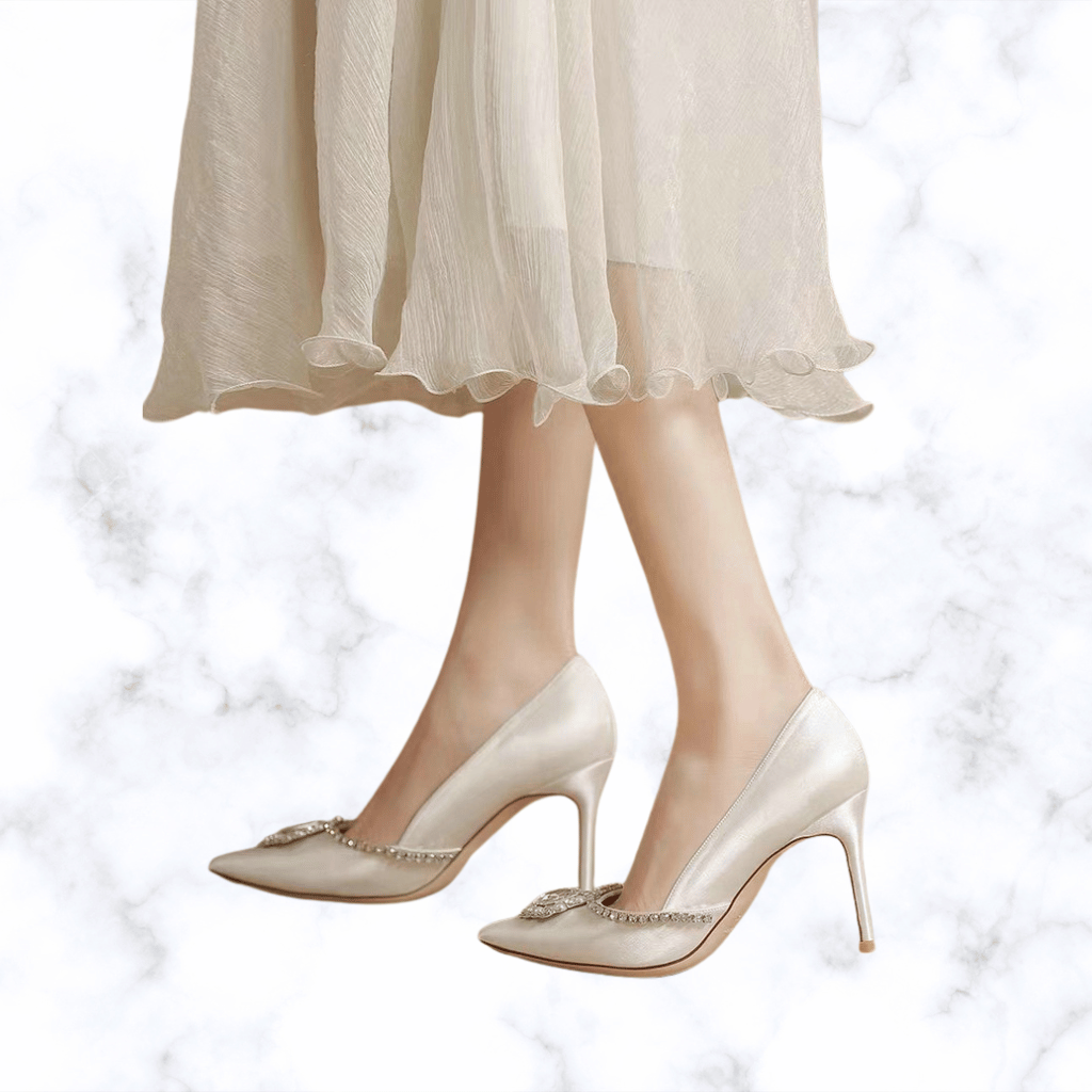 Handmade Sheepskin Bridal Heels – Elegant Pointed-Toe Crystal Wedding Shoes with White Rhinestone