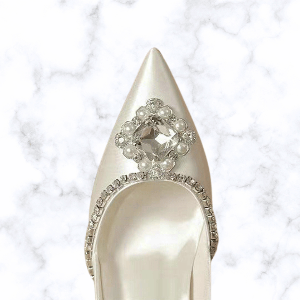 Handmade Sheepskin Bridal Heels – Elegant Pointed-Toe Crystal Wedding Shoes with White Rhinestone