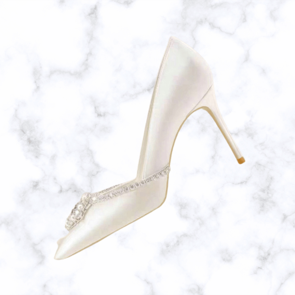 Handmade Sheepskin Bridal Heels – Elegant Pointed-Toe Crystal Wedding Shoes with White Rhinestone