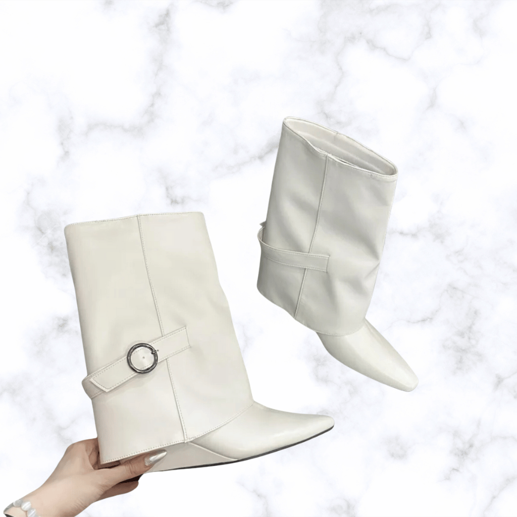 Handmade Winter Pointed Toe Ankle Boots for Women with Folded Belt Buckle and Wedge High Heels