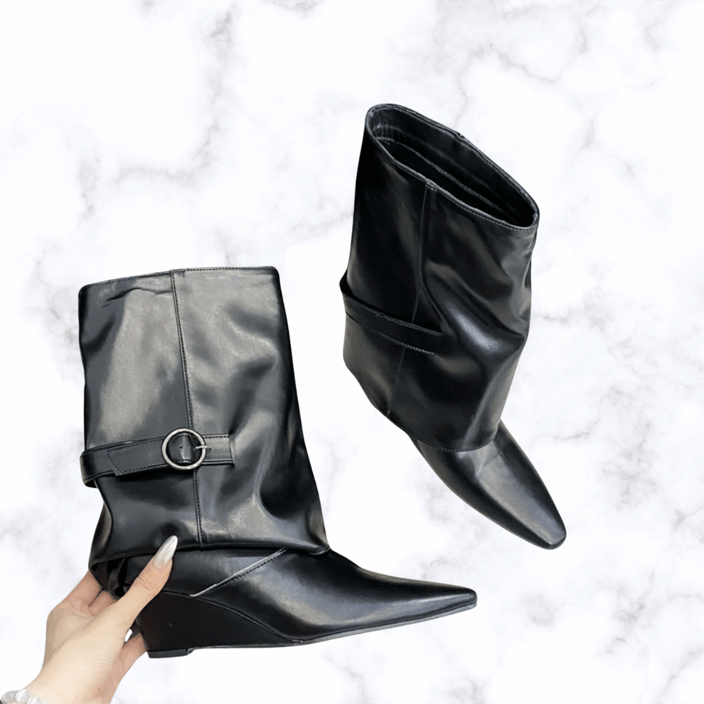 Handmade Winter Pointed Toe Ankle Boots for Women with Folded Belt Buckle and Wedge High Heels