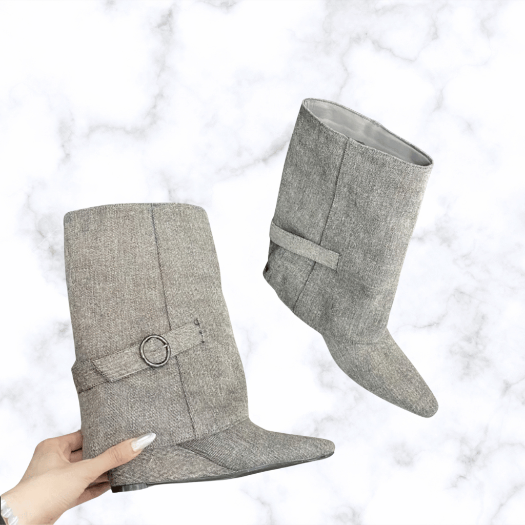 Handmade Winter Pointed Toe Ankle Boots for Women with Folded Belt Buckle and Wedge High Heels