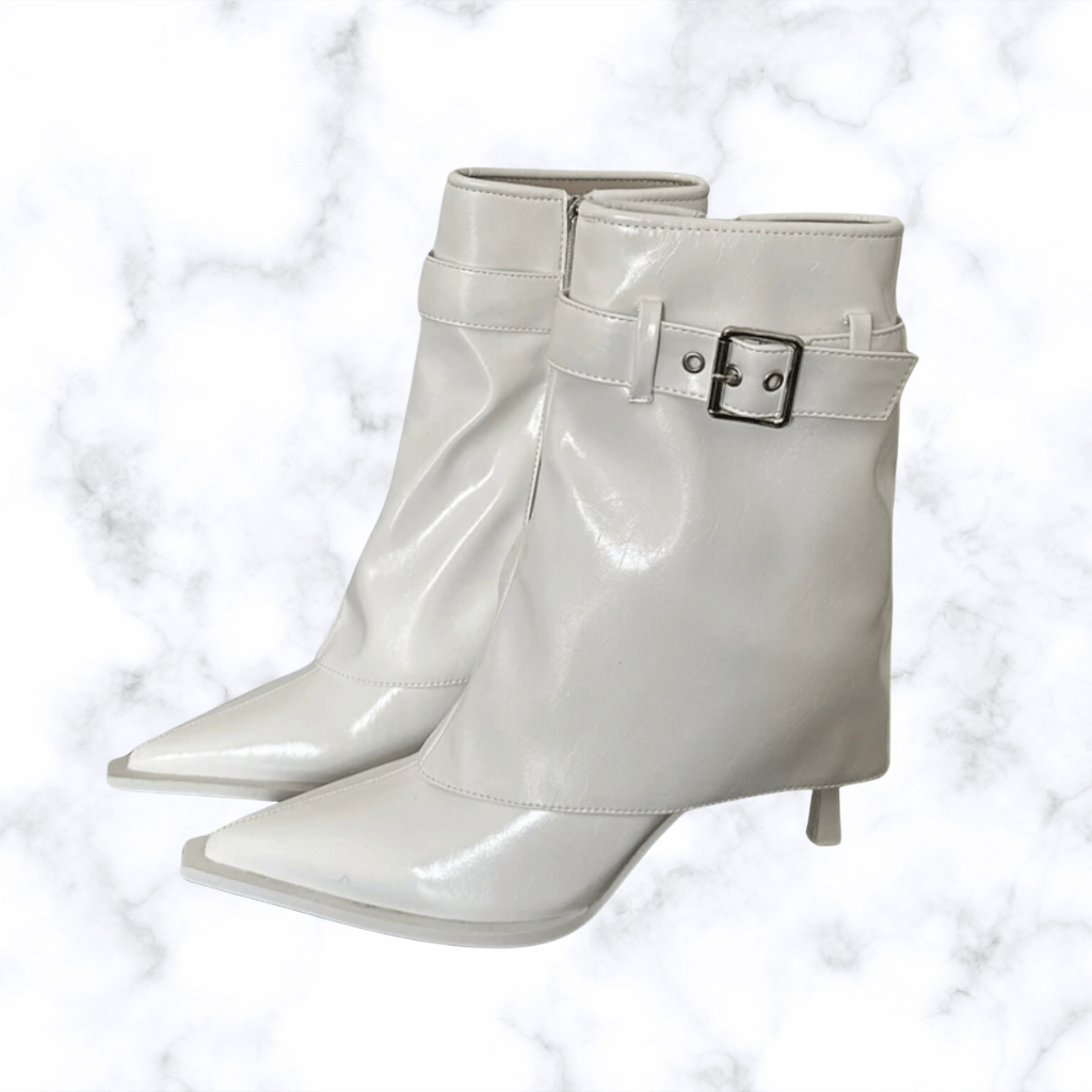 Handmade Denim Pointed Toe Ankle Boots with Buckle and Zipper, Thin High Heels for Women