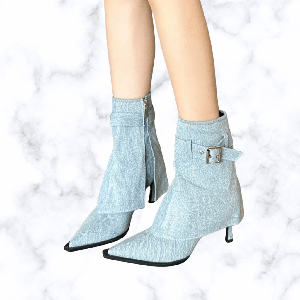 Handmade Denim Pointed Toe Ankle Boots with Buckle and Zipper, Thin High Heels for Women
