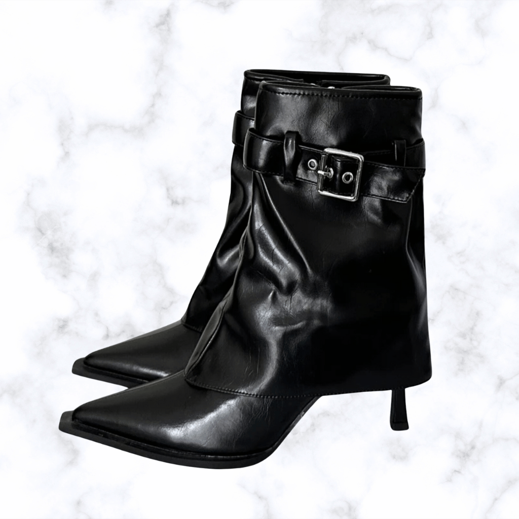 Handmade Denim Pointed Toe Ankle Boots with Buckle and Zipper, Thin High Heels for Women