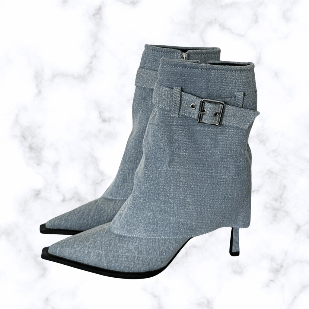 Handmade Denim Pointed Toe Ankle Boots with Buckle and Zipper, Thin High Heels for Women