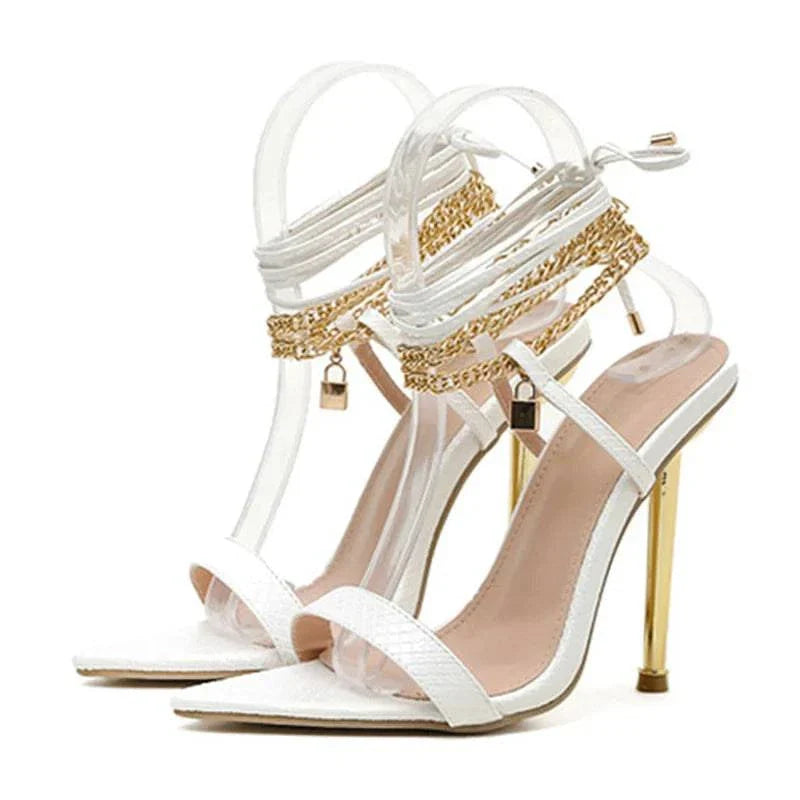 VougeVamp Chain Ankle Strap Sandals - 12CM High Heel Pointed Toe Party Shoes for Women in Gold and White