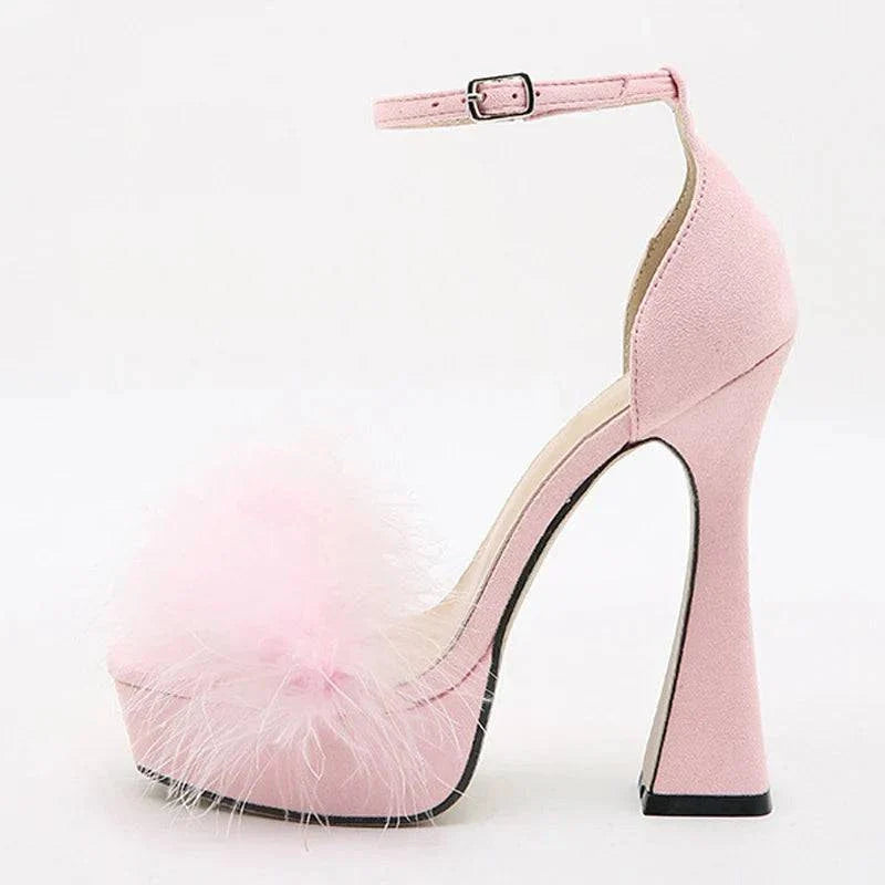 VougeVamp Pink Feather Platform Sandals - Peep Toe High Heel Wedding Shoes for Women