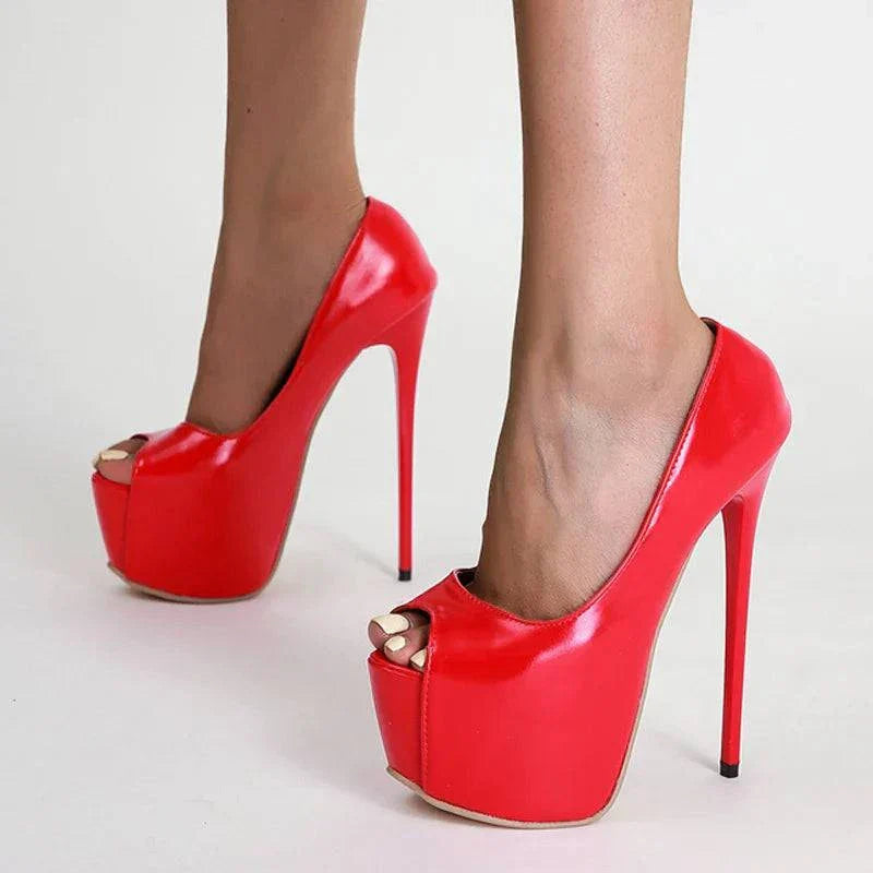VougeVamp Women’s Red Peep-Toe Platform Pumps – Sexy 17CM High Heels for Weddings, Nightclubs, and Parties