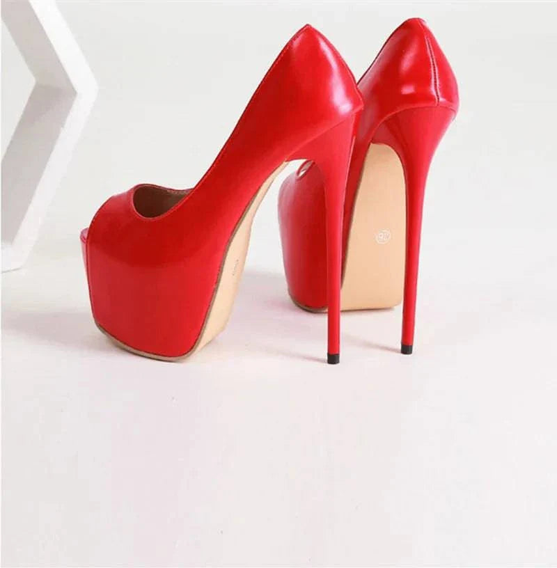 VougeVamp Women’s Red Peep-Toe Platform Pumps – Sexy 17CM High Heels for Weddings, Nightclubs, and Parties