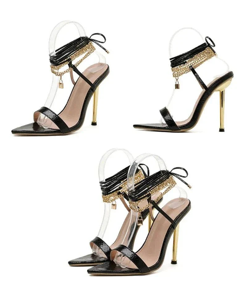 VougeVamp Chain Ankle Strap Sandals - 12CM High Heel Pointed Toe Party Shoes for Women in Gold and White