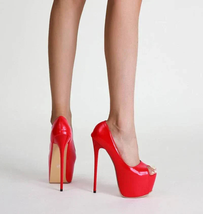 VougeVamp Women’s Red Peep-Toe Platform Pumps – Sexy 17CM High Heels for Weddings, Nightclubs, and Parties