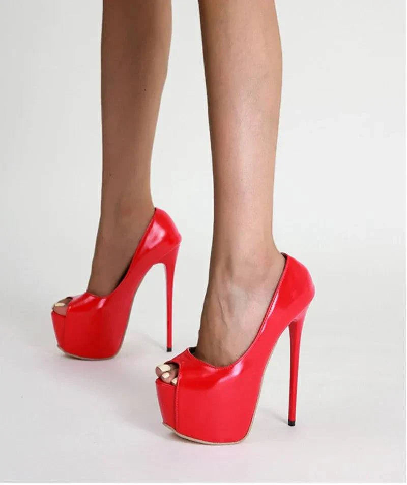 VougeVamp Women’s Red Peep-Toe Platform Pumps – Sexy 17CM High Heels for Weddings, Nightclubs, and Parties