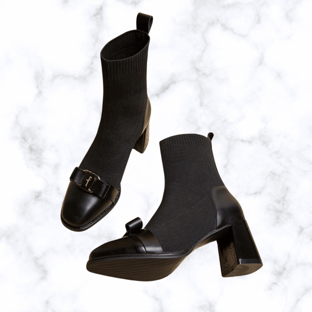 Korean Style Women’s Knit Ankle Boots with Butterfly Knot & Metal Decoration, Slimming Short Booties, Thick Square Heel