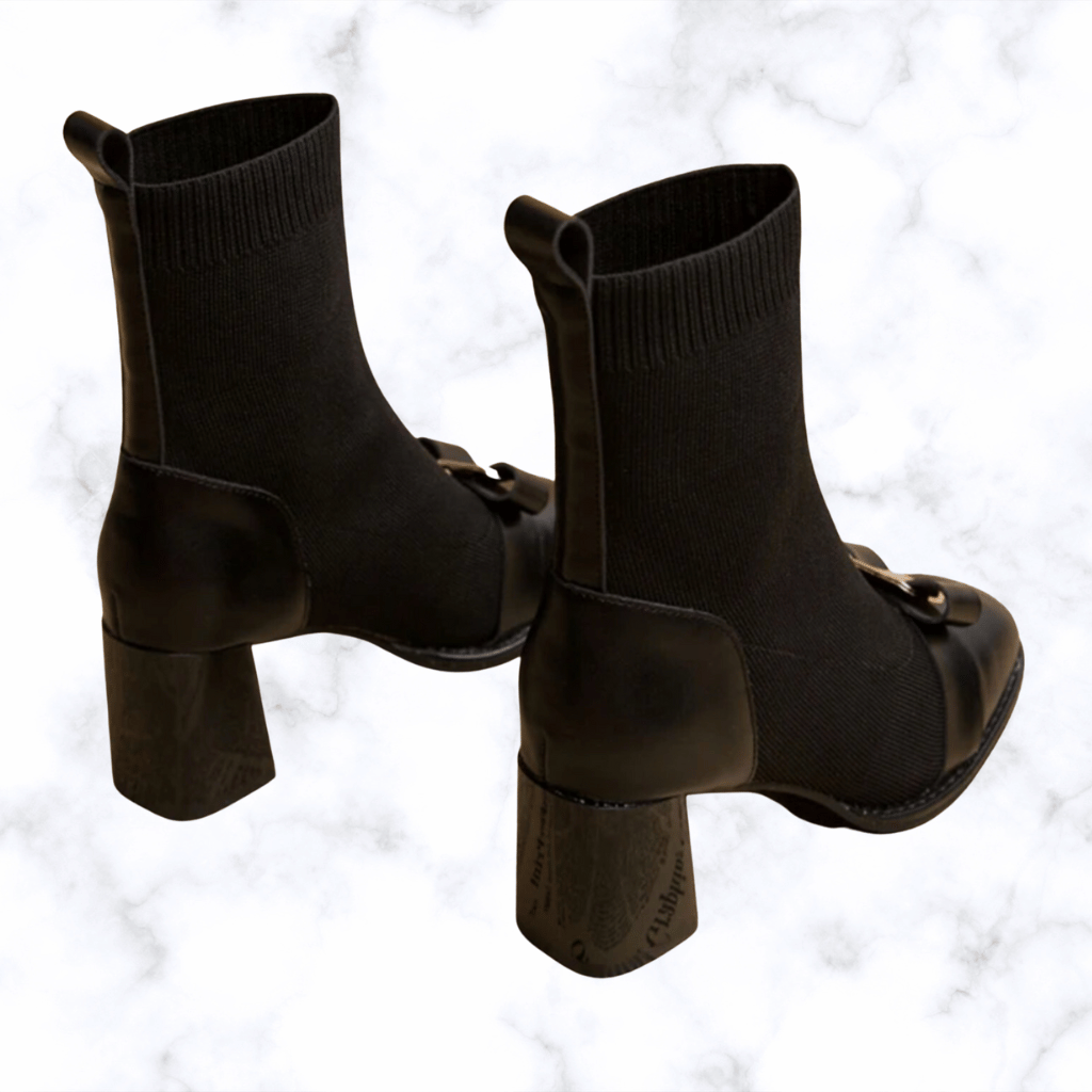 Korean Style Women’s Knit Ankle Boots with Butterfly Knot & Metal Decoration, Slimming Short Booties, Thick Square Heel