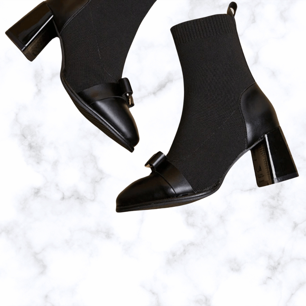 Korean Style Women’s Knit Ankle Boots with Butterfly Knot & Metal Decoration, Slimming Short Booties, Thick Square Heel