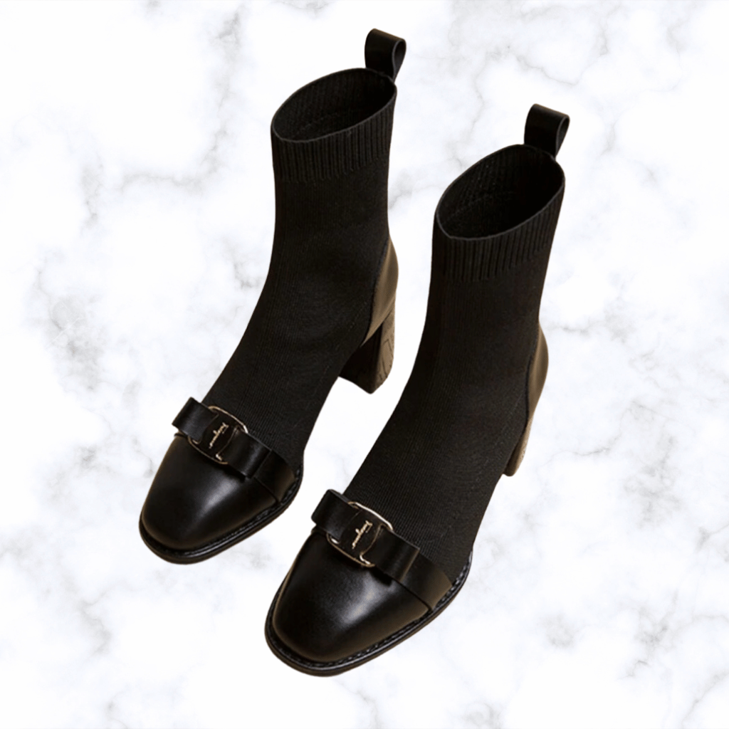 Korean Style Women’s Knit Ankle Boots with Butterfly Knot & Metal Decoration, Slimming Short Booties, Thick Square Heel