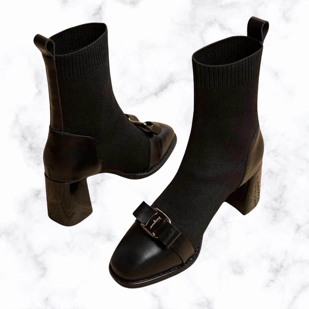 Korean Style Women’s Knit Ankle Boots with Butterfly Knot & Metal Decoration, Slimming Short Booties, Thick Square Heel