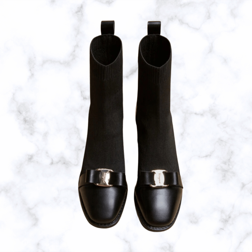 Korean Style Women’s Knit Ankle Boots with Butterfly Knot & Metal Decoration, Slimming Short Booties, Thick Square Heel