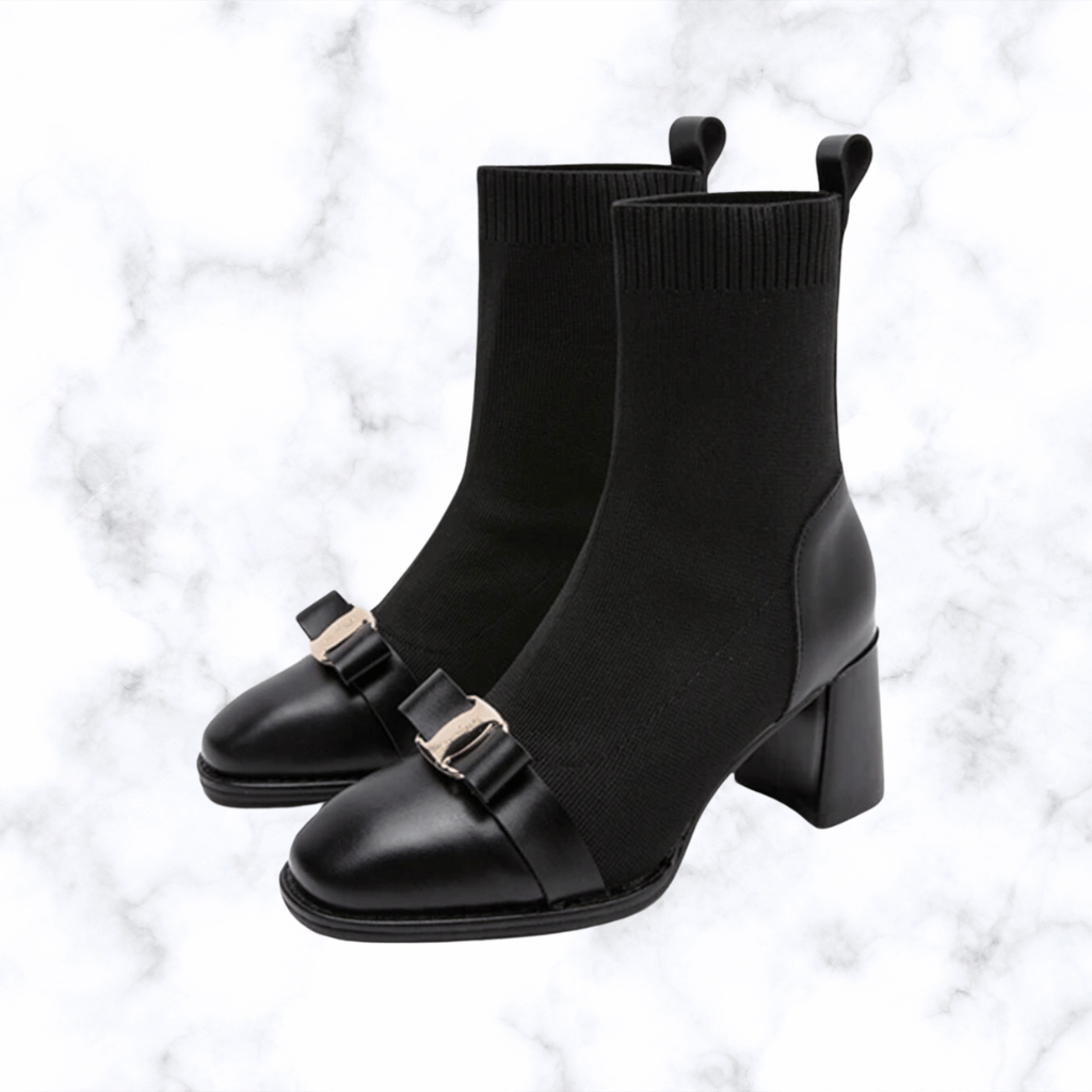 Korean Style Women’s Knit Ankle Boots with Butterfly Knot & Metal Decoration, Slimming Short Booties, Thick Square Heel