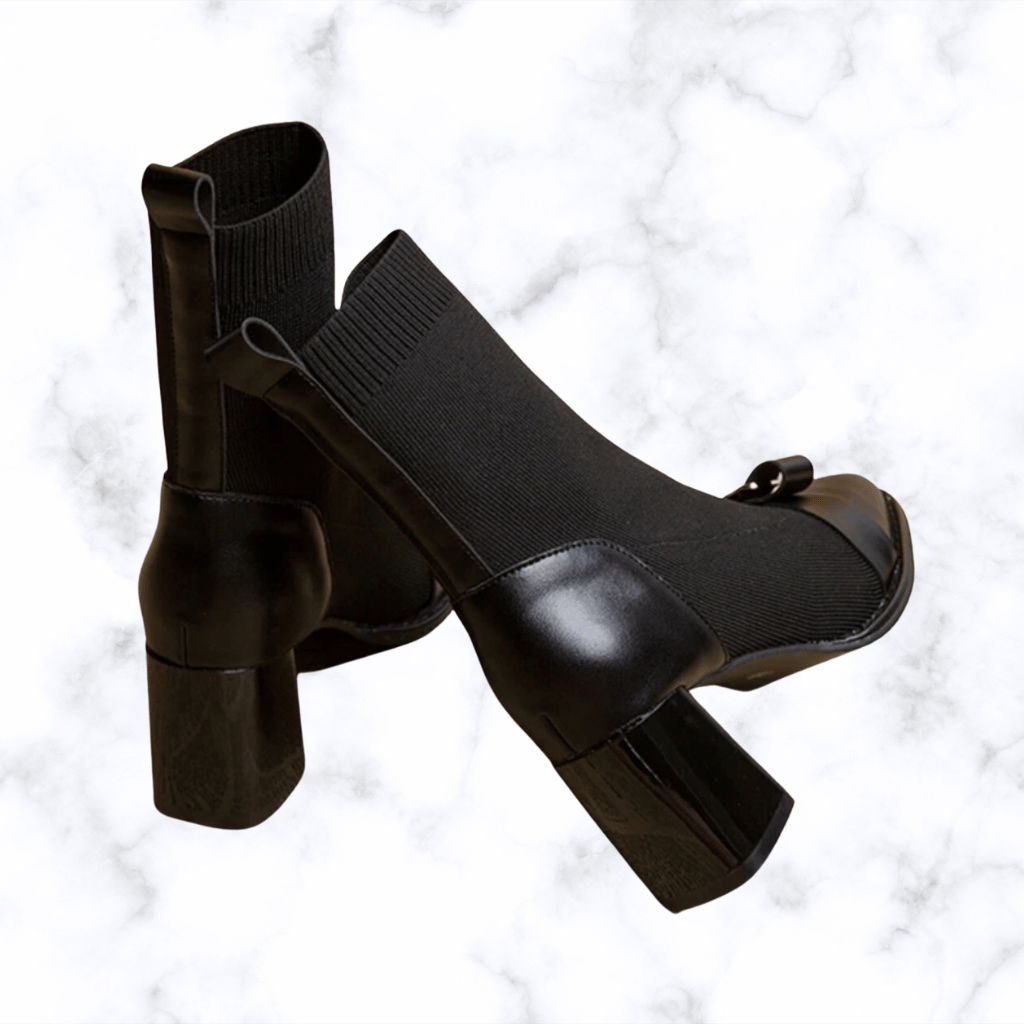 Korean Style Women’s Knit Ankle Boots with Butterfly Knot & Metal Decoration, Slimming Short Booties, Thick Square Heel