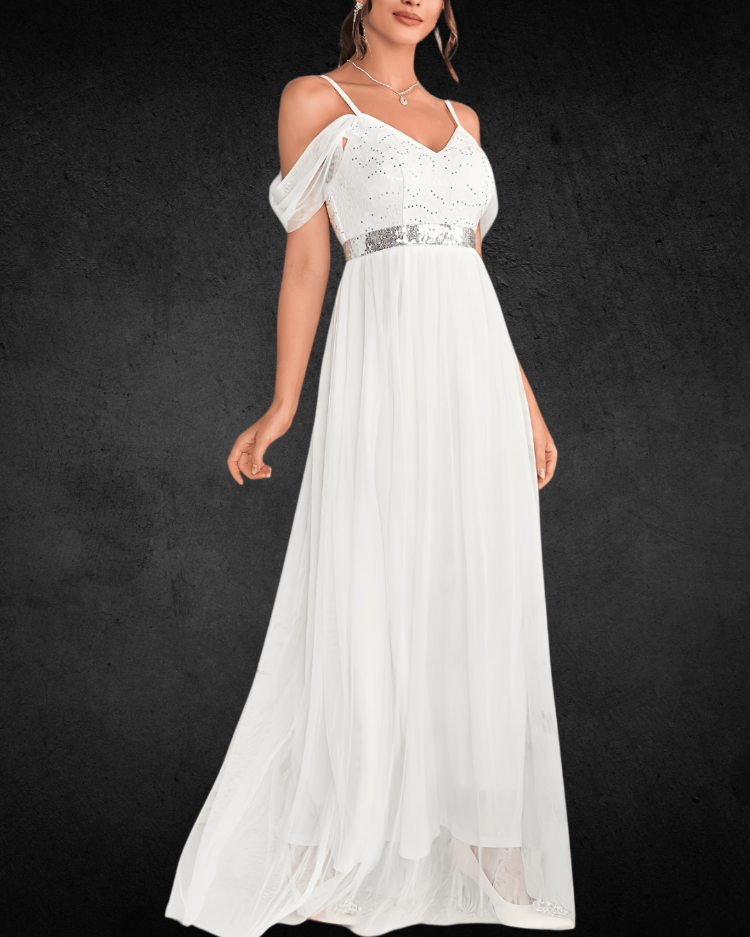 Neck Bridesmaid Dress - Contrast Mesh, Sequin Accents, Fitted Gown