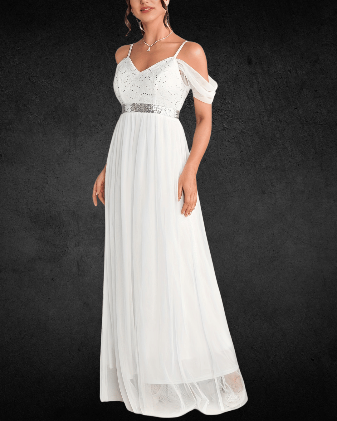 Neck Bridesmaid Dress - Contrast Mesh, Sequin Accents, Fitted Gown