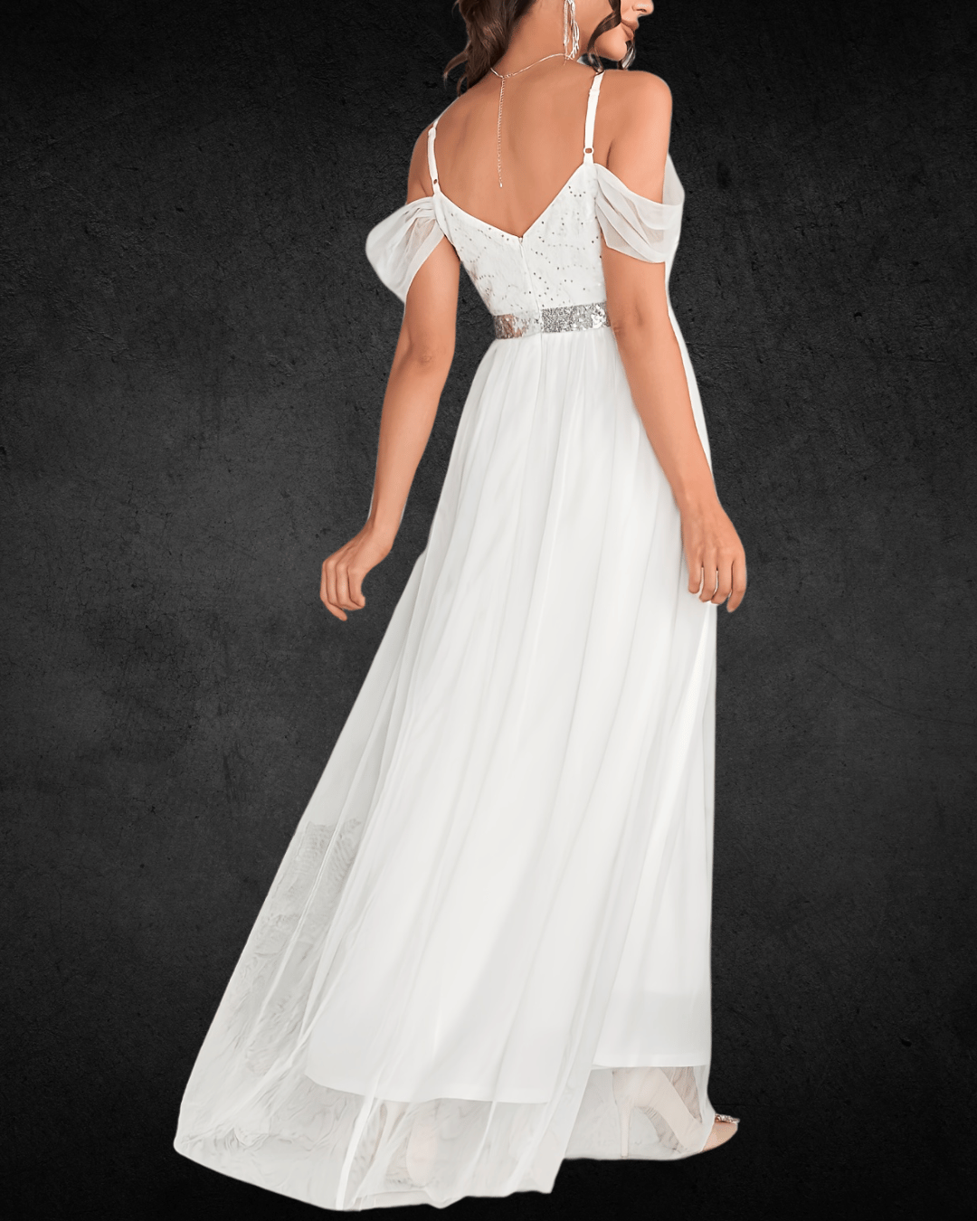 Neck Bridesmaid Dress - Contrast Mesh, Sequin Accents, Fitted Gown