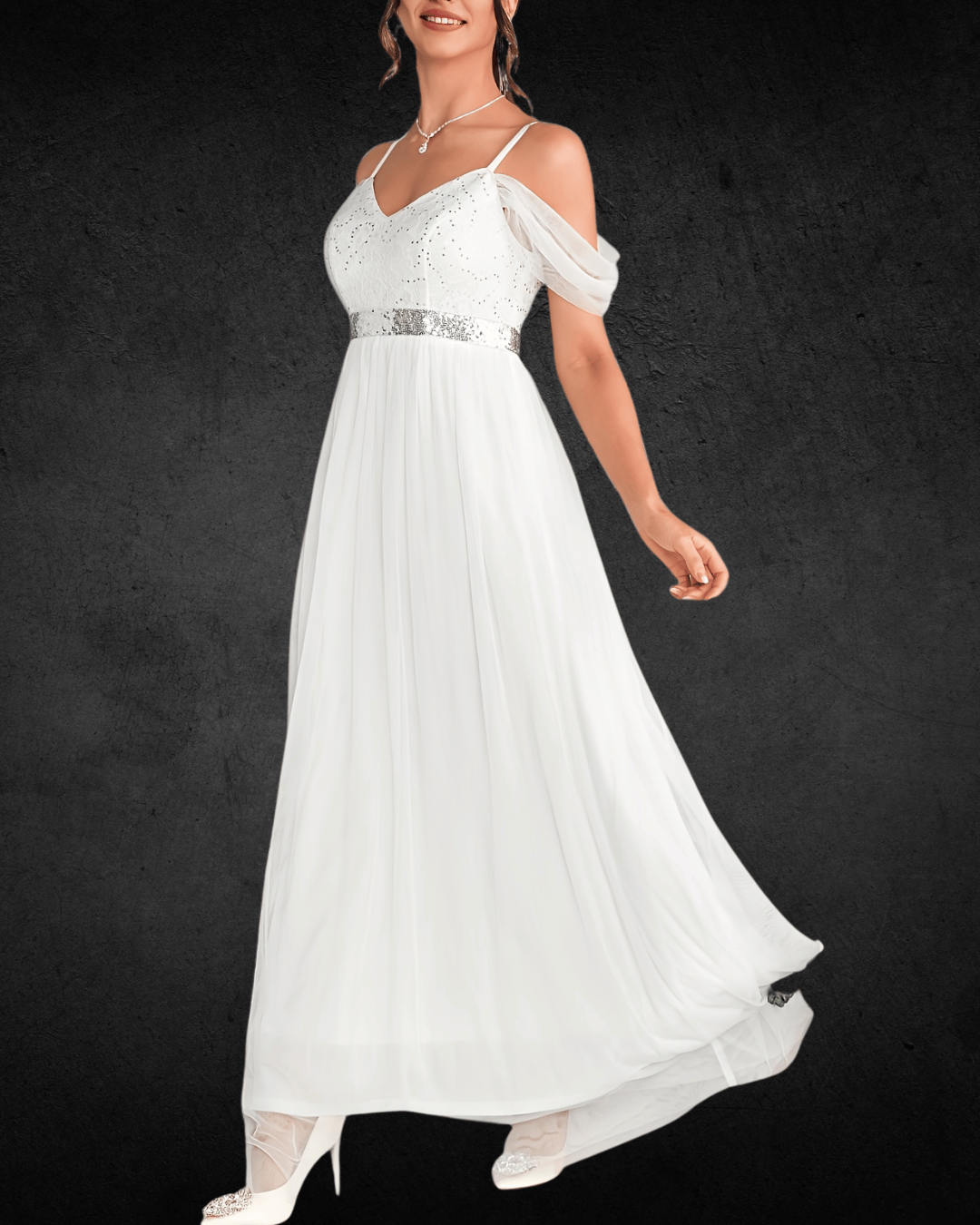 Neck Bridesmaid Dress - Contrast Mesh, Sequin Accents, Fitted Gown