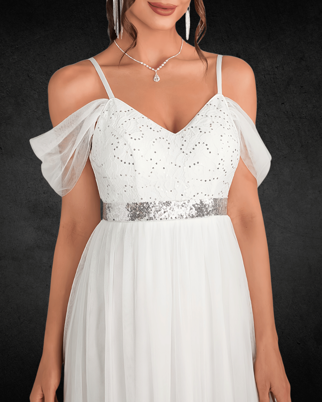 Neck Bridesmaid Dress - Contrast Mesh, Sequin Accents, Fitted Gown