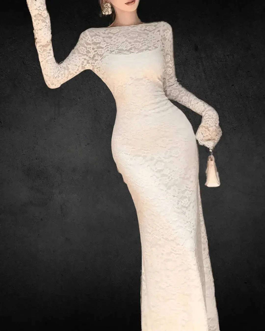 Off-Shoulder Lace Bridal Dress - Bell Sleeves, Bodycon Maxi Dress, White Floral Lace, Spring/Autumn Dress - VougeVampUK