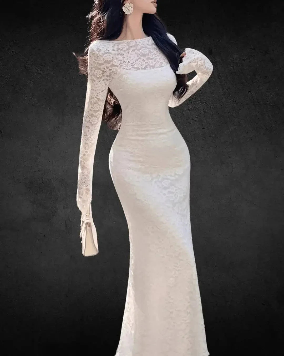 Off-Shoulder Lace Bridal Dress - Bell Sleeves, Bodycon Maxi Dress, White Floral Lace, Spring/Autumn Dress - VougeVampUK