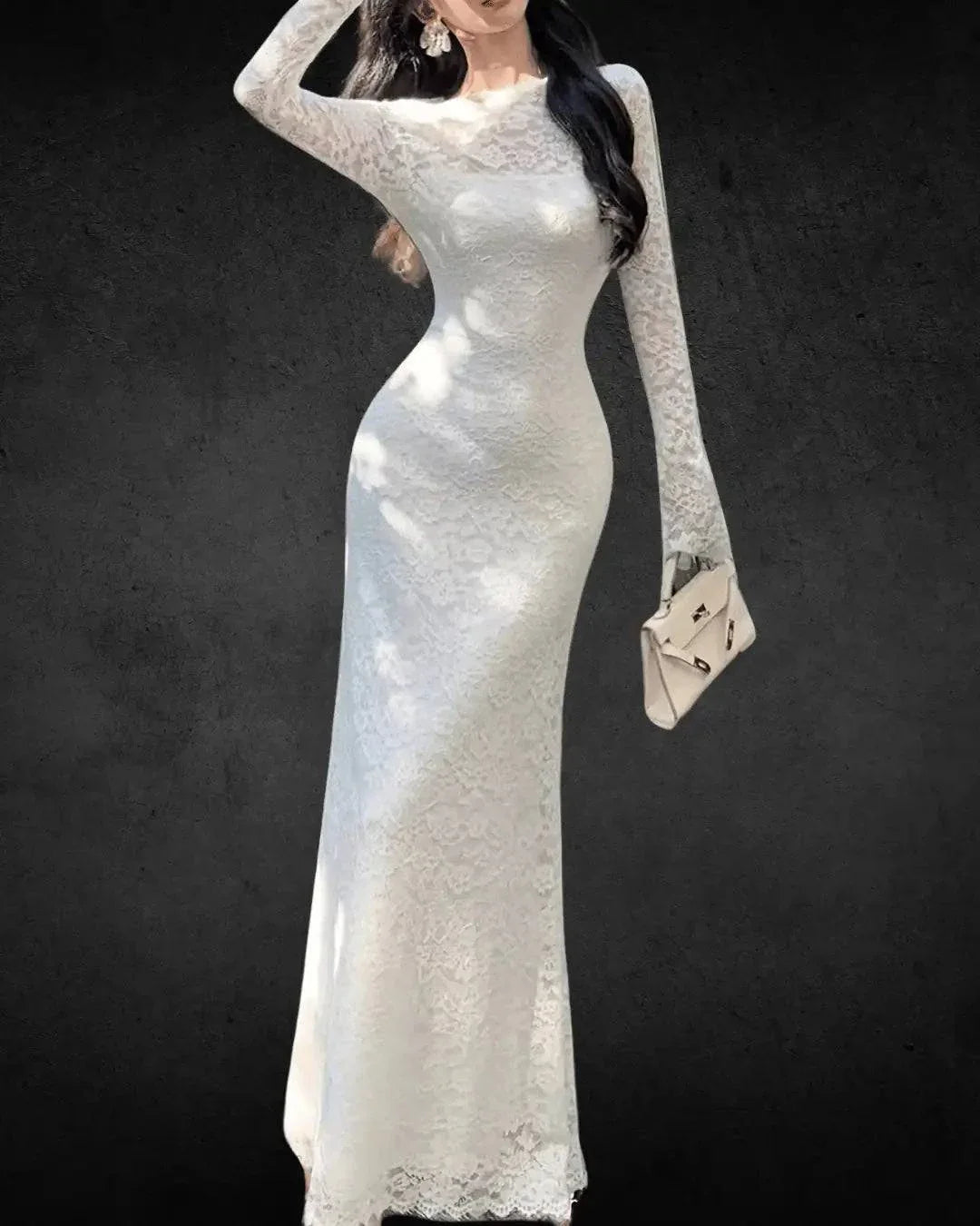 Off-Shoulder Lace Bridal Dress - Bell Sleeves, Bodycon Maxi Dress, White Floral Lace, Spring/Autumn Dress - VougeVampUK