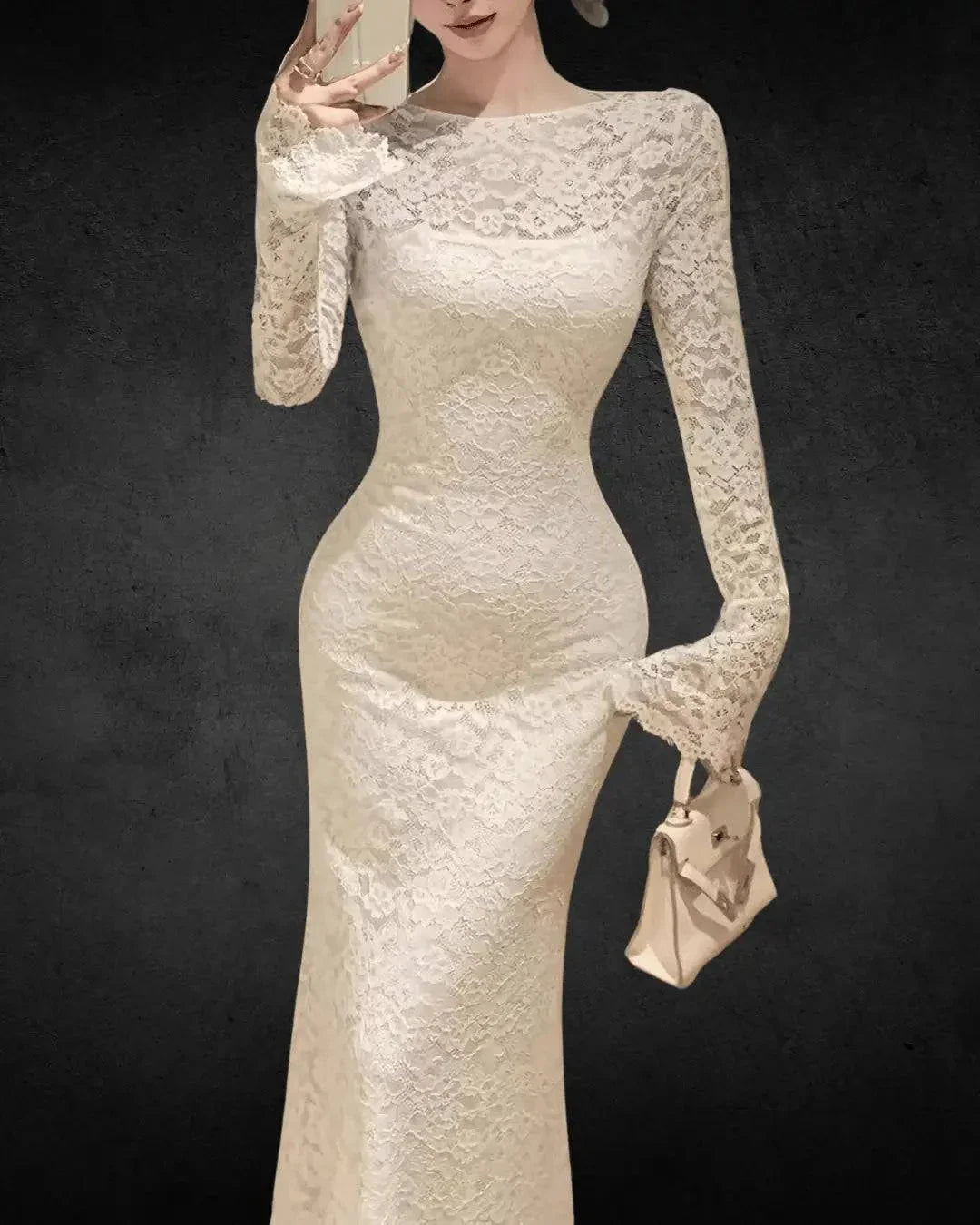 Off-Shoulder Lace Bridal Dress - Bell Sleeves, Bodycon Maxi Dress, White Floral Lace, Spring/Autumn Dress - VougeVampUK