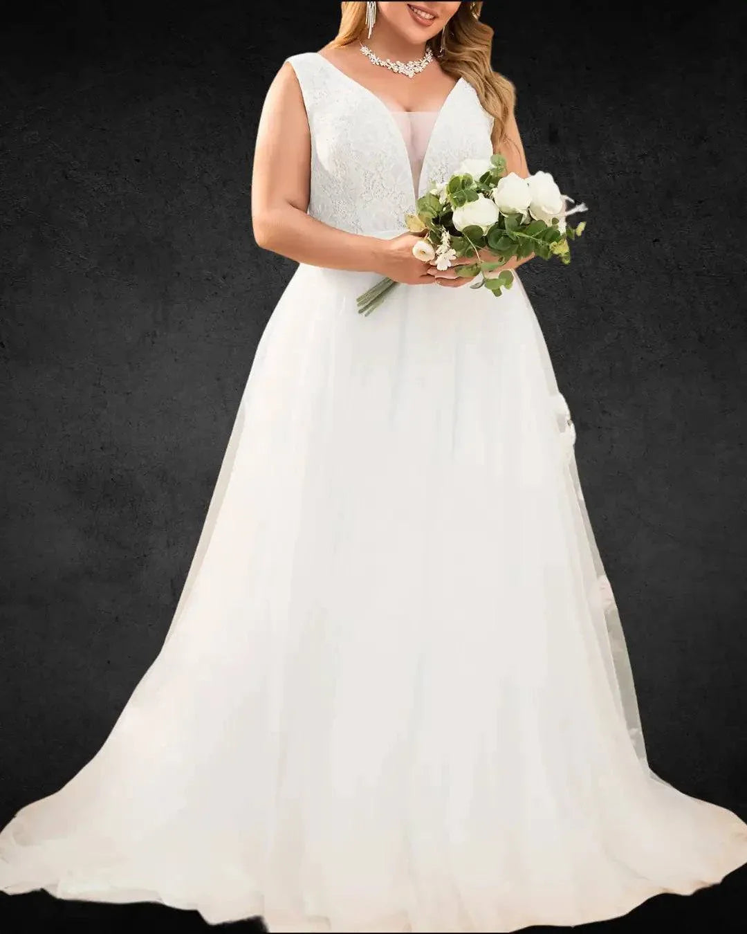 Plus Size Women's Sleeveless V-Neck Lace Wedding Dress – Elegant Bridal Gown & Evening Dress - VougeVampUK